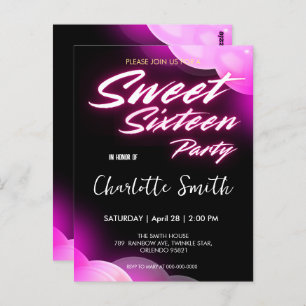 Elegant neon pink retro black Sweet 16th Birthday  Postcard