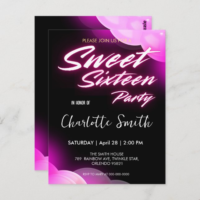 Elegant neon pink retro black Sweet 16th Birthday  Postcard (Front/Back)
