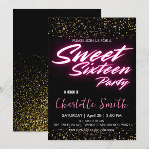 Elegant neon pink retro Gold Sweet 16th Birthday  Invitation