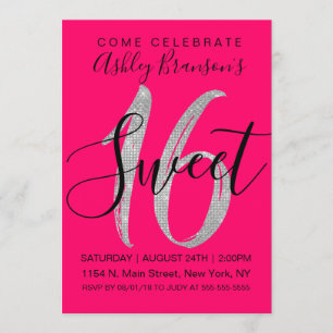 Elegant Neon Pink Silver Sequin Glitter Sweet 16 Invitation
