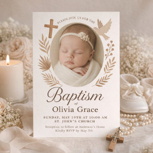 Elegant Neutral Baptism Photo Invitation with Dove