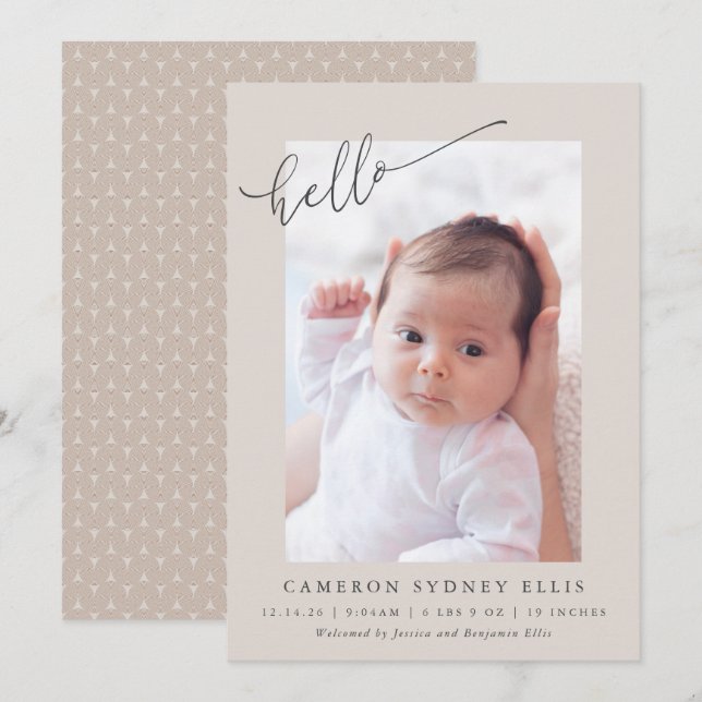 Elegant Neutral Beige Minimalist Hello Photo Birth Announcement (Front/Back)