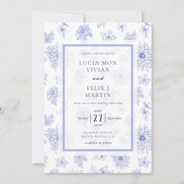 Elegant Neutral Blue Shadow floral All in One Invitation (Front)