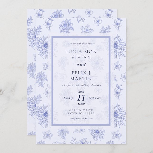 Elegant Neutral Blue Shadow floral Pattern Wedding Invitation (Front/Back)