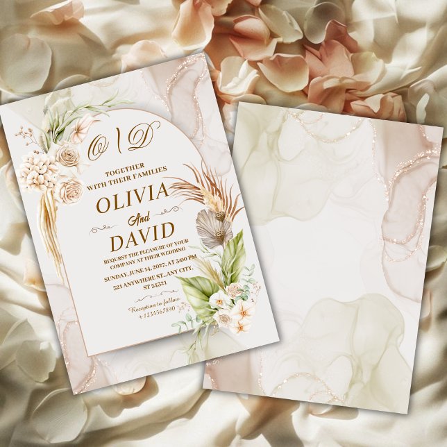 Elegant Neutral Boho Pampas Grass & Floral Wedding Invitation (Creator Uploaded)