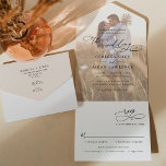 Elegant Neutral Boho Photo Wedding All In One Invitation<br><div class="desc">This elegant All-In-One Wedding Invitation features a sweeping script calligraphy text paired with a classy serif & modern sans font in black,  with a photo overlay on the front and a customizable monogram on the back. Matching items available.</div>