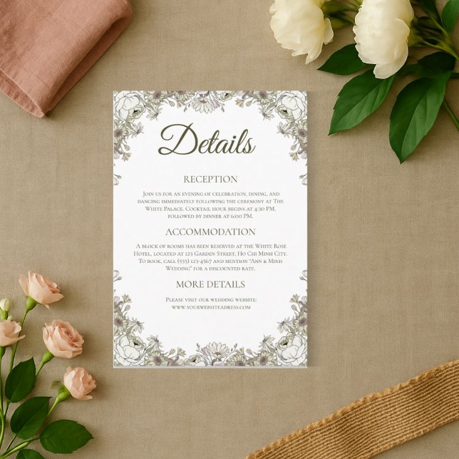 Elegant Neutral Brown Floral Wedding Details Card (Creator Uploaded)
