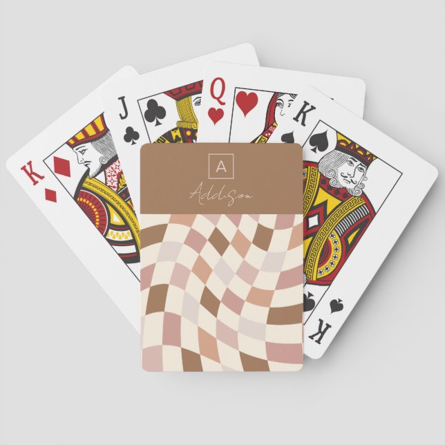Elegant Neutral Chequered Personalized Monogram Playing Cards (Back)