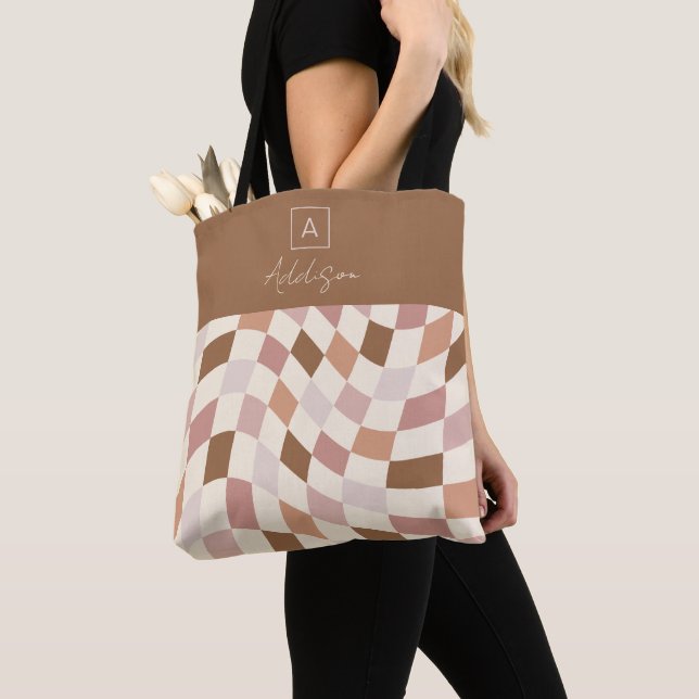 Elegant Neutral Chequered Personalized Monogram Tote Bag (Close Up)