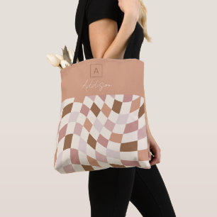 Elegant Neutral Chequered Personalized Monogram Tote Bag