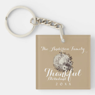 Elegant Neutral Family Name Blessed and Thankful  Keychain