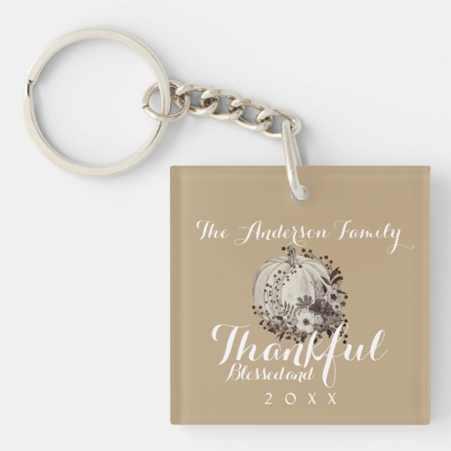 Elegant Neutral Family Name Blessed and Thankful  Keychain (Front)