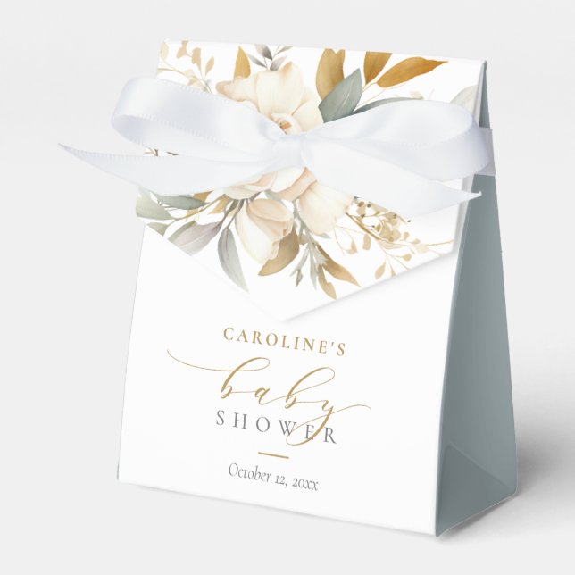Elegant Neutral Floral Baby In Bloom Baby Shower Favor Box (Front Side)