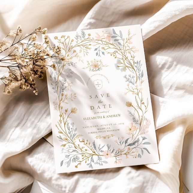 Elegant Neutral Floral Crest Wedding Save The Date (Creator Uploaded)