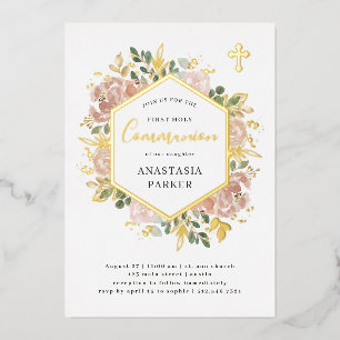 Elegant Neutral Floral First Holy Communion Gold
