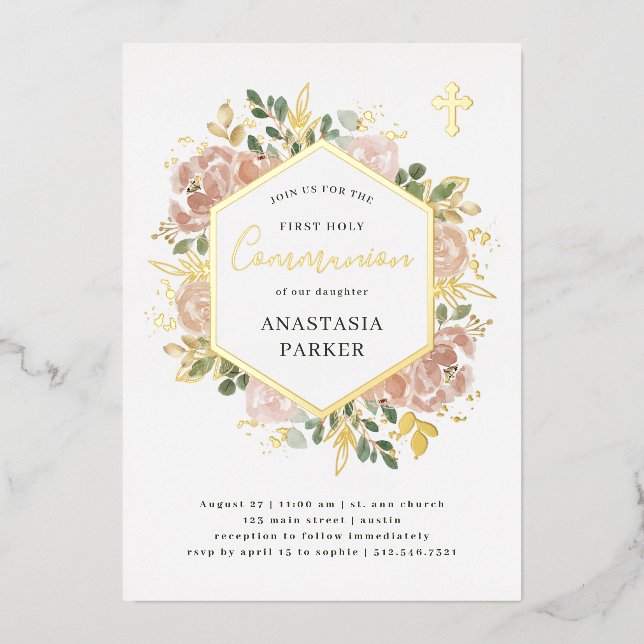Elegant Neutral Floral | First Holy Communion Gold (Front)