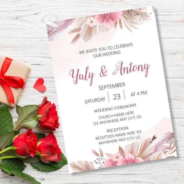 Elegant Neutral Floral Pampas Grass Dessert Rose Invitation (Tarjeta de invitacion flores beige, marron y rosado)