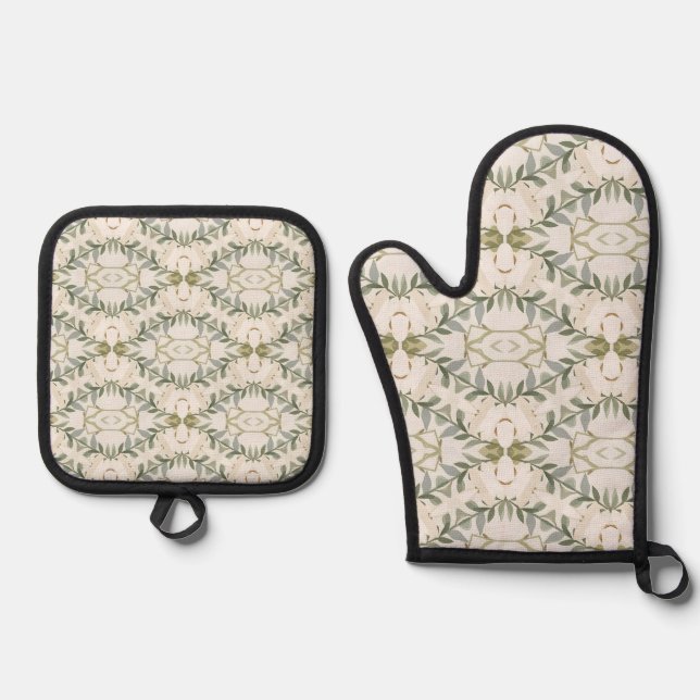 Elegant Neutral Floral Pattern Oven Mitt & Pot Holder Set (Front)