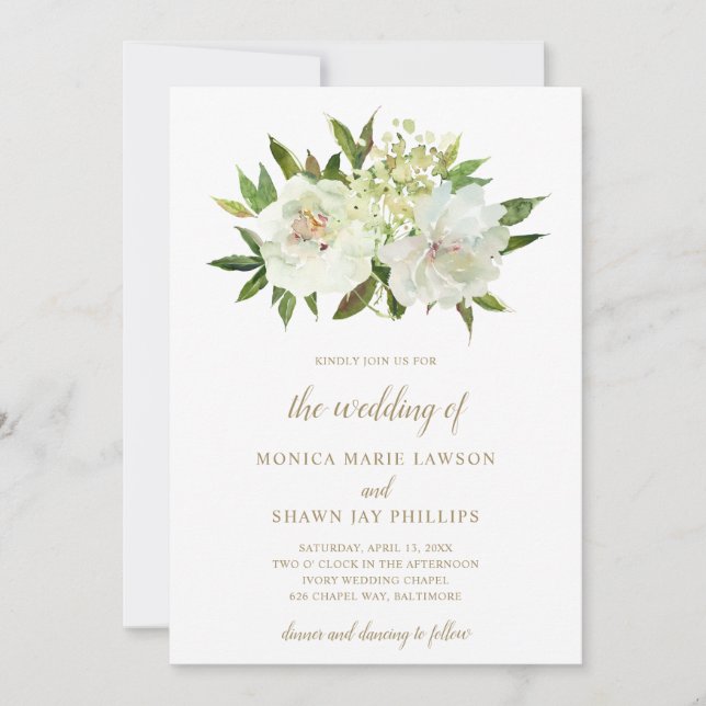 Elegant Neutral Floral White Ivory Gold Wedding Invitation (Front)