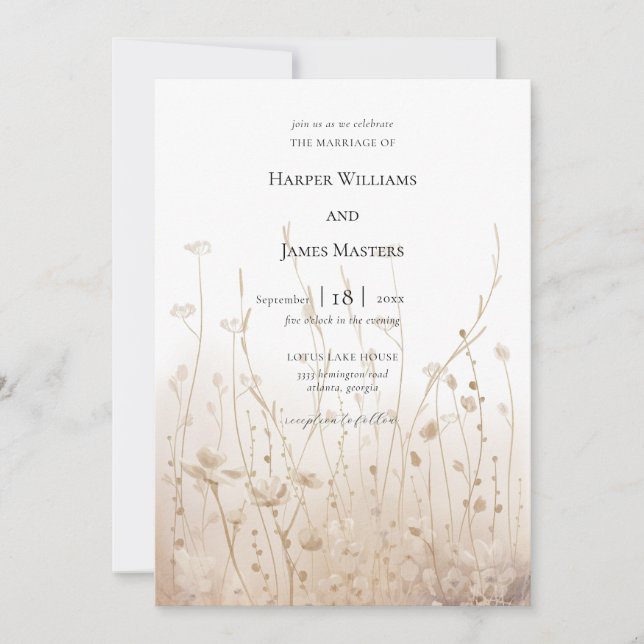 Elegant Neutral Floral Wildflower Field Wedding Invitation (Front)