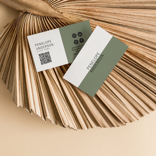Elegant Neutral Green QR Code Boho Chic Modern Business Card (Creator Uploaded)