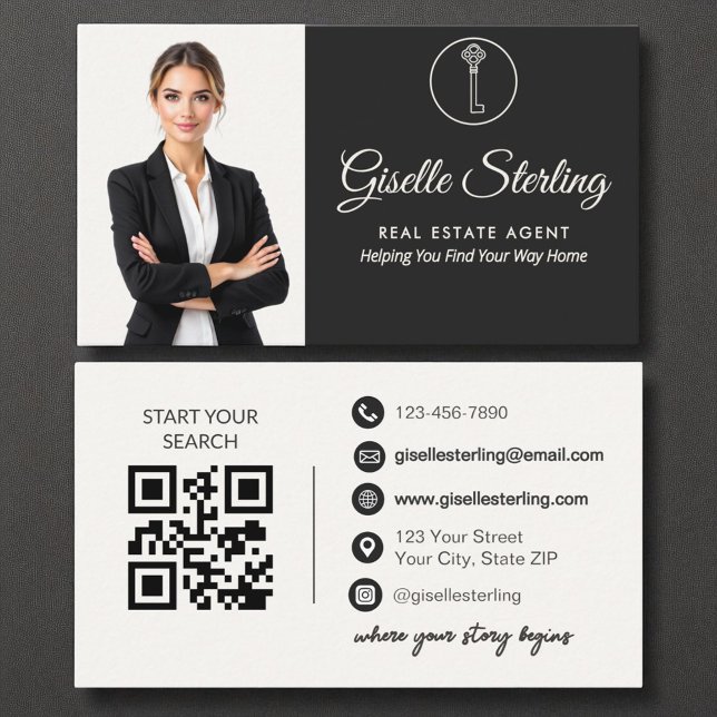 Elegant Neutral Photo Real Estate Agent QR Code  Business Card (Creator Uploaded)