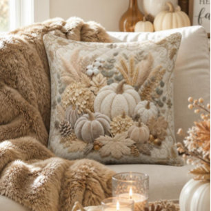 Elegant Neutral Pumpkin Harvest Embroidery Throw Pillow