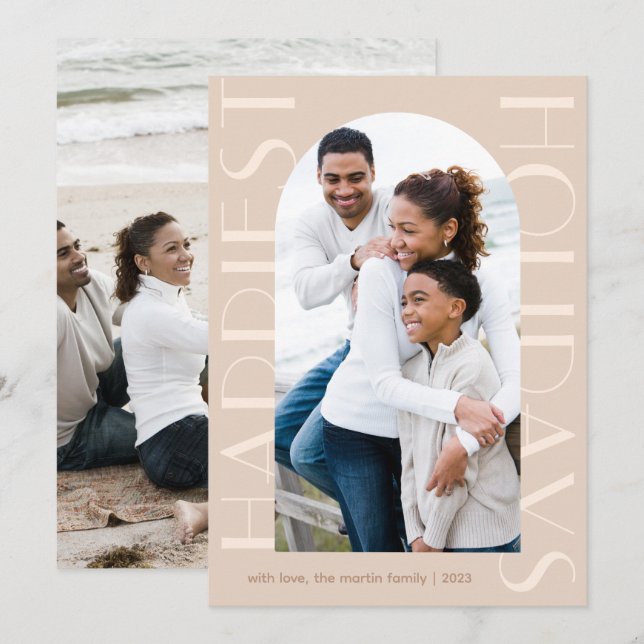 Elegant Neutral Two Photo Happiest Holidays Holiday Card (Front/Back)