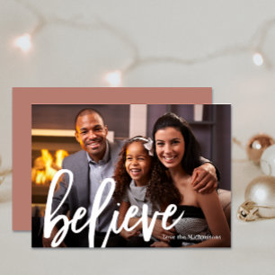 Elegant Neutral Typography Believe Photo Christmas Holiday Card