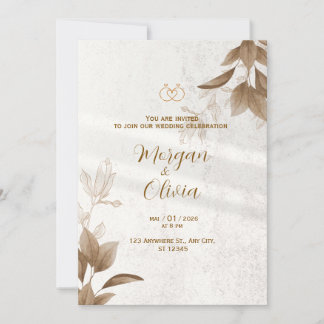 Elegant Neutral Wedding Invitation with Gold Rings