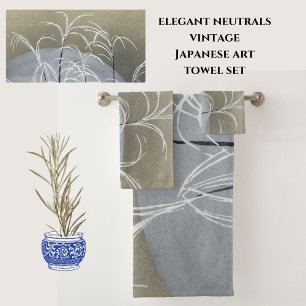 Elegant Neutrals Vintage Japanese Art Grey Beige Bath Towel Set
