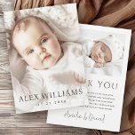 Elegant new baby announcement photo thank you card<br><div class="desc">New baby thank you card featuring your photo and the baby's name and date of birth on the front. Custom message on the back. Dark brown text on white background.Change colours and fonts,  move and resize elements in the design tool.</div>