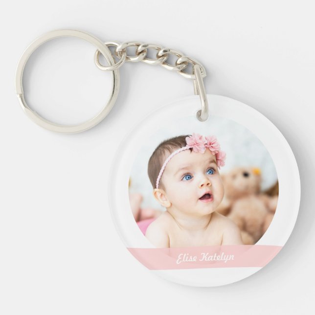 Elegant New Baby Girl Date Birth Photos Keepsake   Keychain (Front)