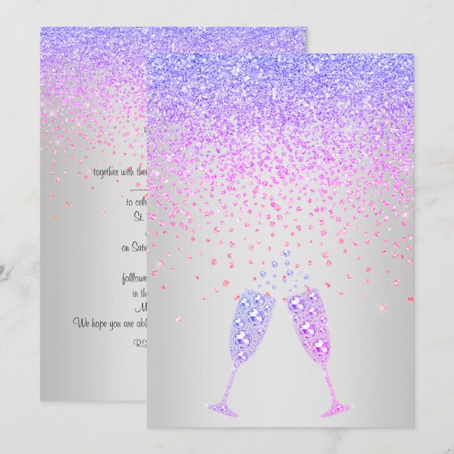 ELEGANT New crystal diamond wedding lilac PURPLE Invitation (Front/Back)