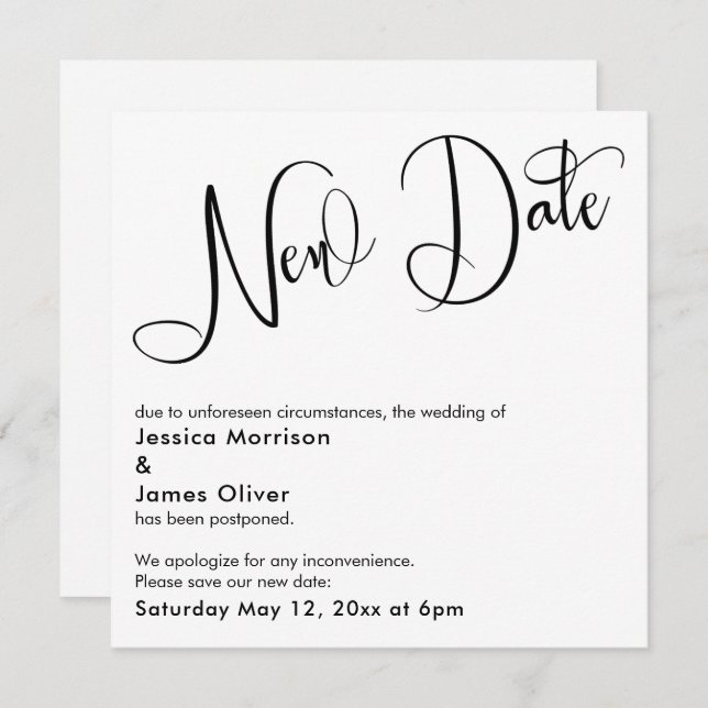 Elegant "New Date" Postponed Wedding Card (Front/Back)