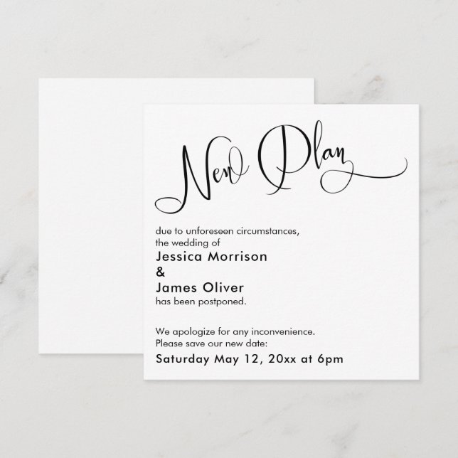 Elegant "New Plan" Postponed Wedding Card (Front/Back)
