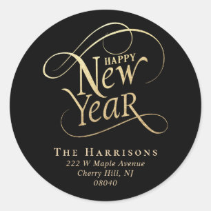Elegant New Year Black Gold Return Address Classic Round Sticker