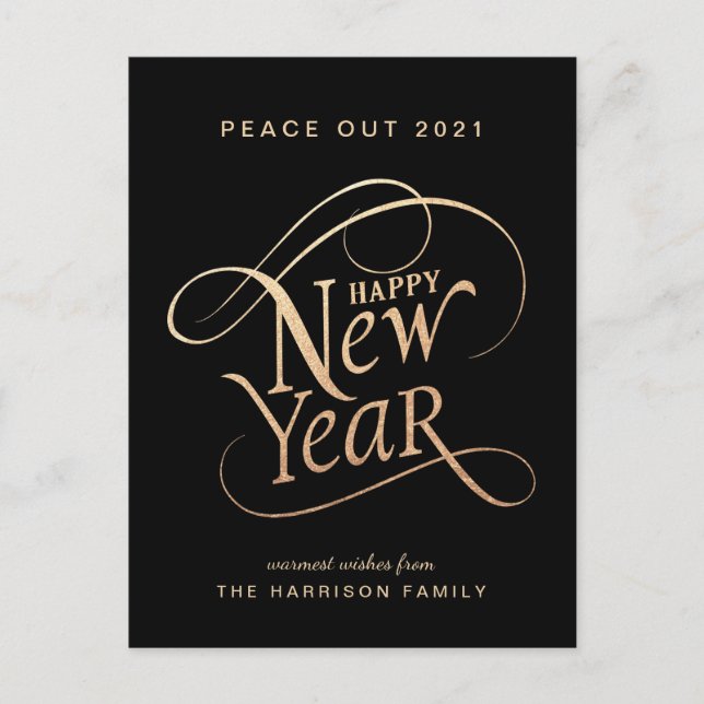 Elegant New Year Peace Out 202 Black Gold  Holiday Postcard (Front)