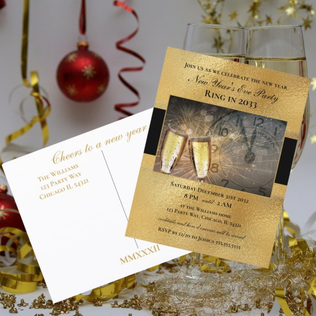 Elegant New Year's Eve Black Gold Party Invitation Postcard (New Years Eve Party Invitations and decorations. Postcard invitations and flat cards. Decor, favors.)