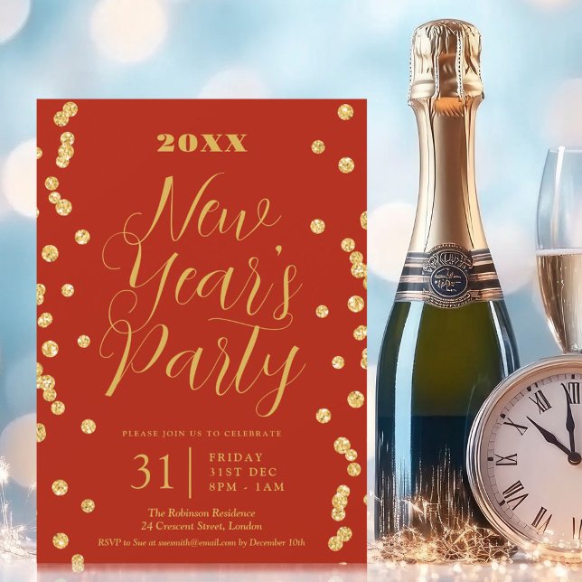 Elegant New Years Eve Gold Glitter Confetti Red  Invitation (Elegant New Years Eve Gold Glitter Confetti Red Invitation)