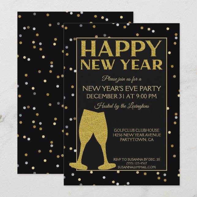 Elegant New Years Eve Party Glitter Confetti Invitation (Front/Back)