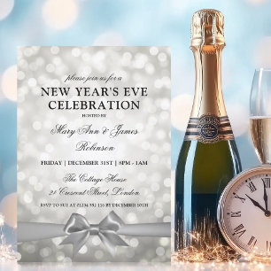 Elegant New Years Eve Silver Bokeh Lights Bow Invitation