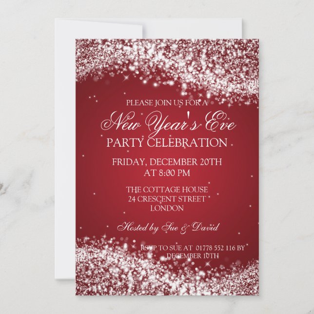 Elegant New Years Eve Sparkling Wave Red Invitation (Front)