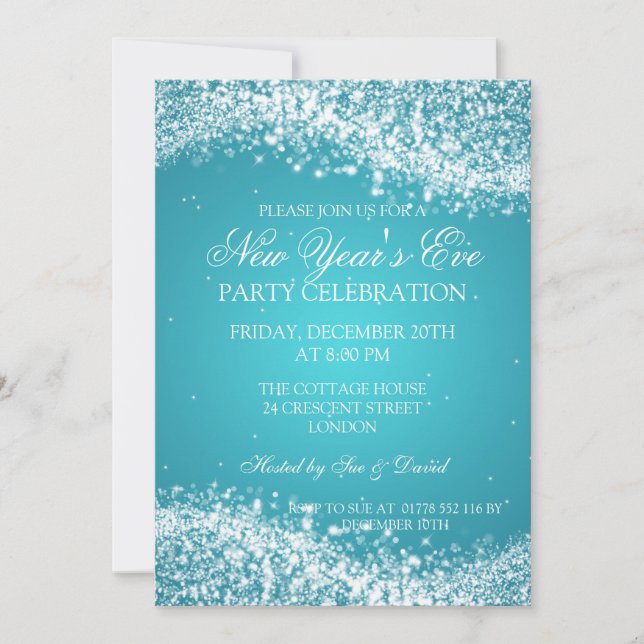 Elegant New Years Eve Sparkling Wave Turquoise Invitation (Front)