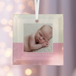 Elegant Newborn Baby Girl Photo Pink Keepsake Glass Ornament<br><div class="desc">A classic baby photo birth announcement Christmas ornament in pretty pink with beautiful cursive typography above your sweet newborn photograph. Customize this gift with your favorite photo of your new infant to give to new grandparents or parents. Add the birth date in white script for a baby's 1st Christmas keepsake....</div>