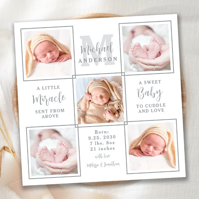 Elegant Newborn Baby Personalized 5 Photo Birth Announcement (Creator Uploaded)
