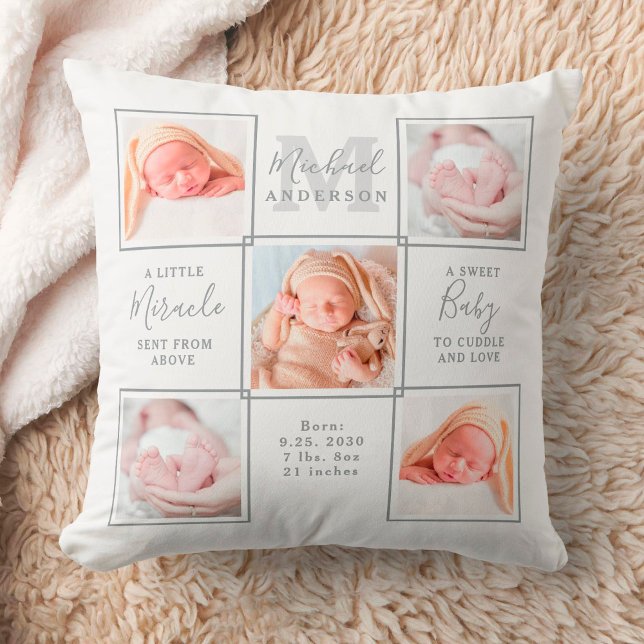 Elegant Newborn Baby Personalized 5 Photo Collage  Throw Pillow (Creator Uploaded)