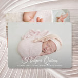 Elegant Newborn Photo Collage Birth Announcements<br><div class="desc">Elegantly sweet birth announcements feature your favourite newborn photo, baby's name and birth stats in white chic lettering. A photo collage and parent's names on the back. *TIP: You may want to size the 2 square photos on the back BEFORE uploading them for easy placement. **The Live Design Service can...</div>