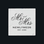Elegant newlywed Mr and Mrs wedding party favour Stone Magnets<br><div class="desc">Elegant newlywed Mr and Mrs wedding party favour Stone Magnet. Custom square magnet with elegant script typography. Classy template design with stylish lettering for couple's surname and date of marriage. Personalized presents for just married husband and wife / bride and groom couple. Transfer this design to any other product on...</div>