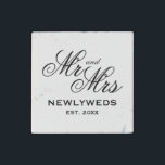 Elegant newlywed Mr and Mrs wedding party favour Stone Magnets<br><div class="desc">Elegant newlywed Mr and Mrs wedding party favour Stone Magnet. Custom square magnet with elegant script typography. Classy template design with stylish lettering for couple's surname and date of marriage. Personalized presents for just married husband and wife / bride and groom couple. Transfer this design to any other product on...</div>